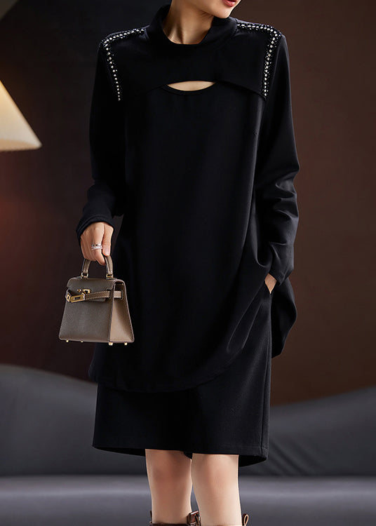 Black Zircon Hollow Out Cotton T Shirts Long Sleeve