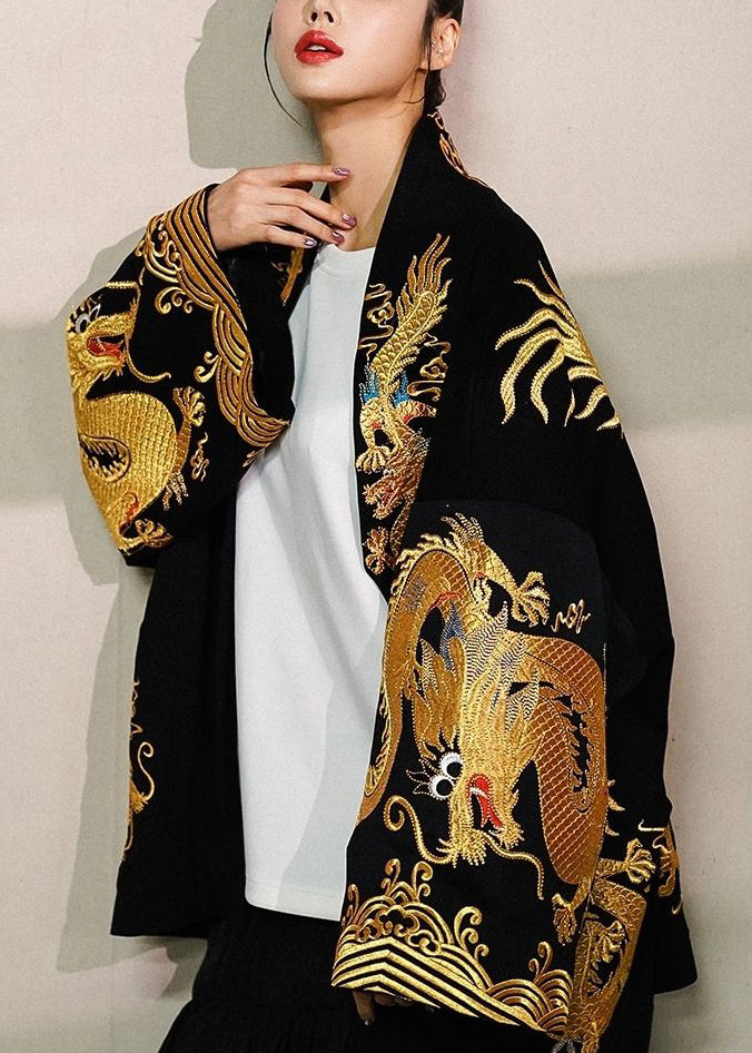 Gold Painted Dragon Oversized Cotton Cardigan Jacket
