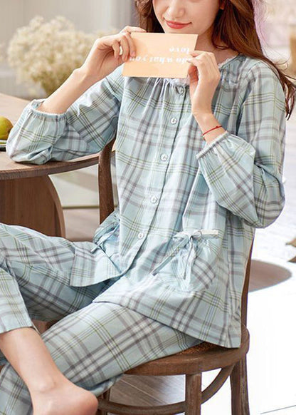 Peter Pan Collar Plaid Bow Cotton Pajamas Two Pieces Set Fall