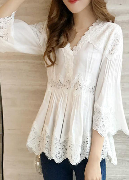 White V-neck Ruffles Hollow Out Shirts Spring