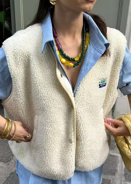 Green O Neck Faux Fur Vest Sleeveless