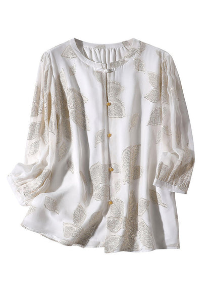 Fine White O-neck Embroideried Print Button Silk Top Spring