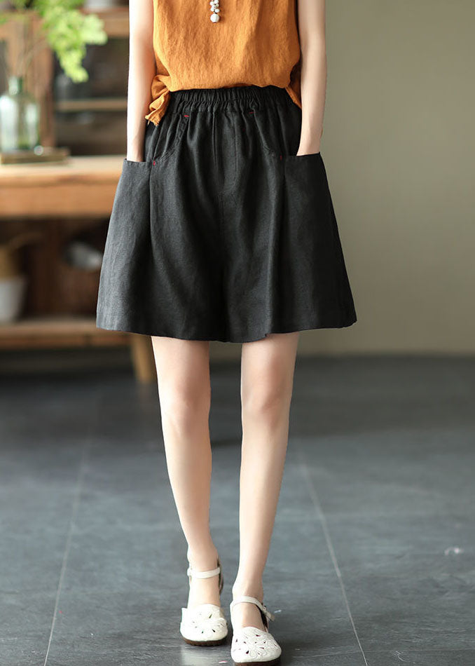 Black Elastic Waist Linen Shorts Trousers Summer