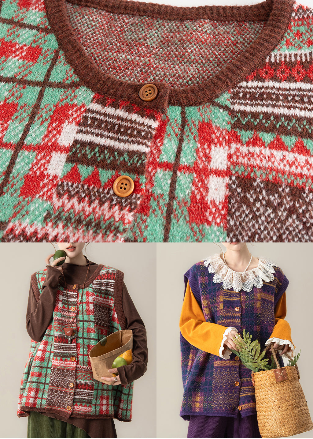 Brown Oversized Print Knit Vests Winter