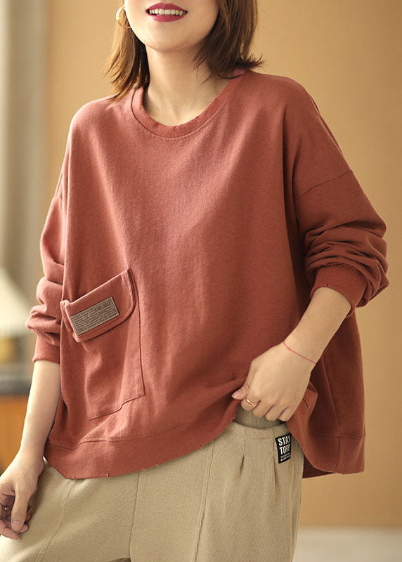 Comfy Brick Red Loose O-neck Pockets Fall Sweatshirt Street Wear
