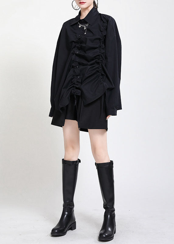 Black Peter Pan Collar Button Asymmetrical Design Drawstring Fall Shirts Long Sleeve
