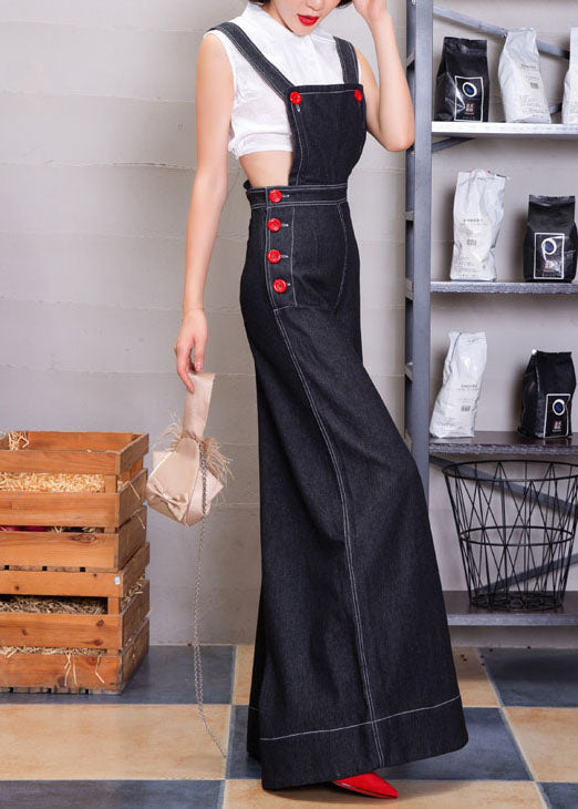 Navy Button Denim Strap Wide Leg Jumpsuit Fall