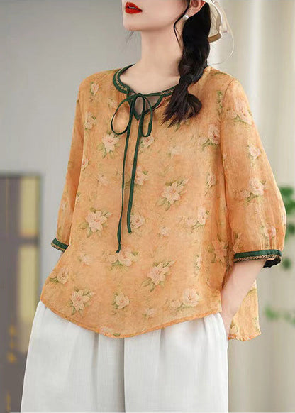 Khaki Print Lace Up Linen Blouses Spring