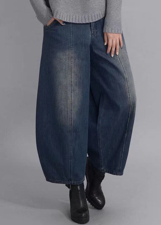 French Navy Button Pockets Lantern Fall Denim Pants