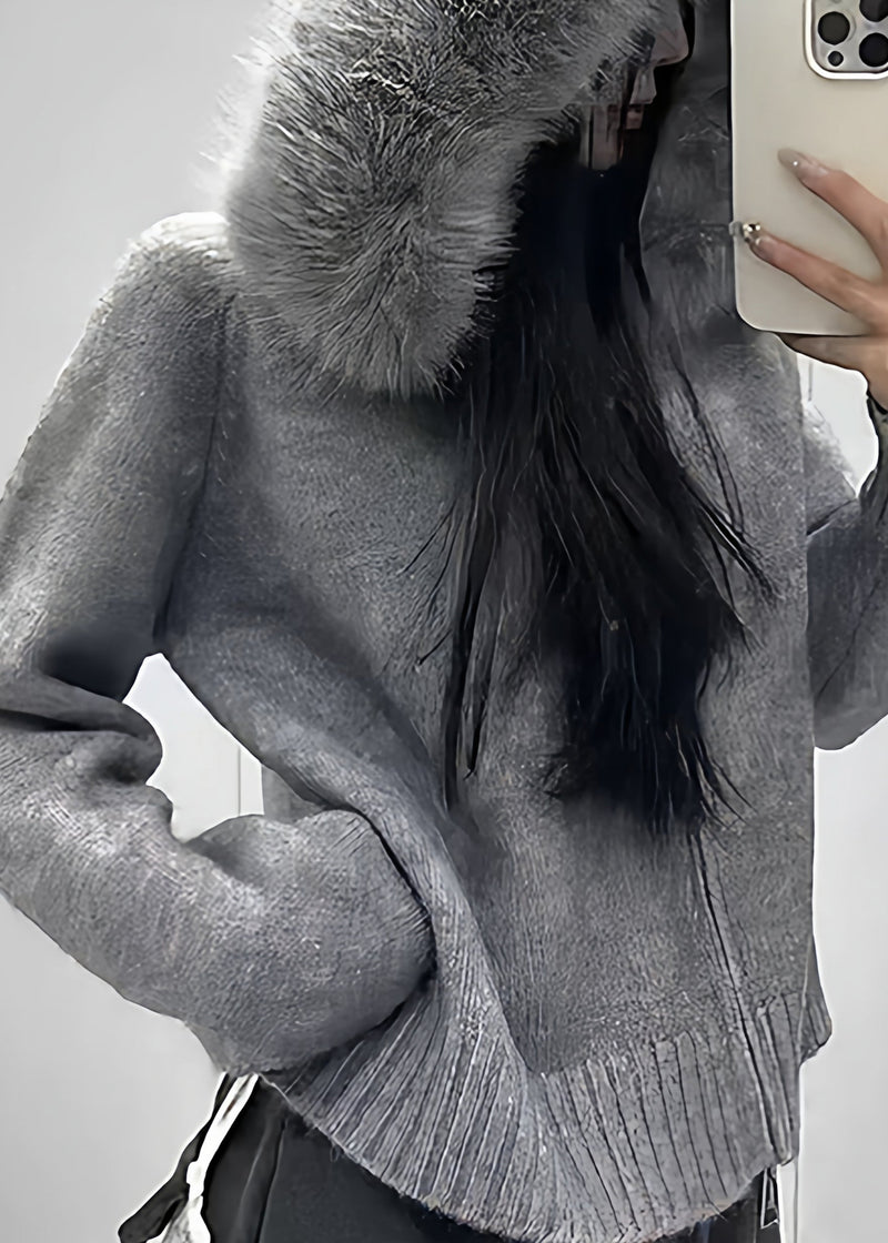 White Fur Collar Zippered Knit Coats Winter