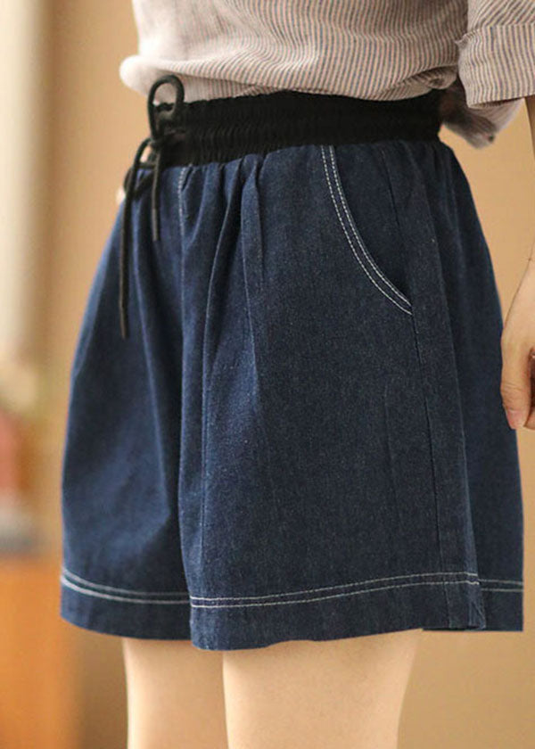 Navy Elastic Waist Drawstring Pockets Patchwork Linen Denim Shorts Summer