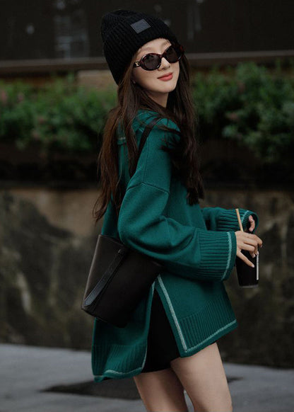 Green Sailor Collar Side Open Cozy Knitted Tops Spring