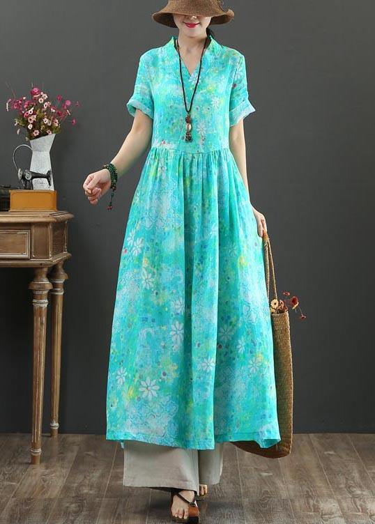 Blue Print Linen a Line Summer Holiday Dress