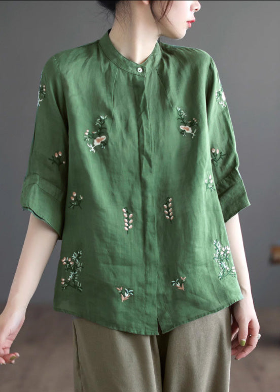 Art Khaki Embroideried Button Ramie Shirt Half Sleeve