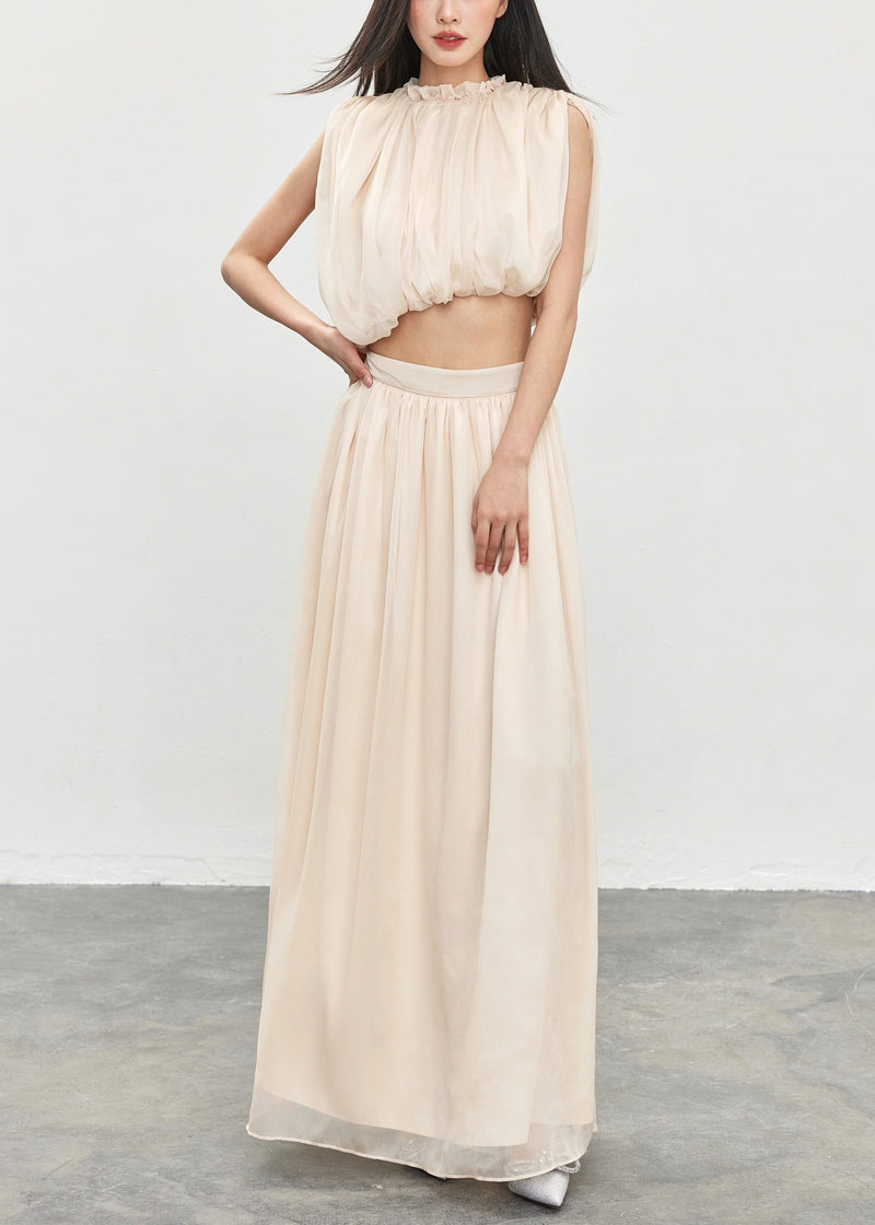 Apricot Ruffled Tops and Skirts Cotton Two Pieces Set Sleeveless
