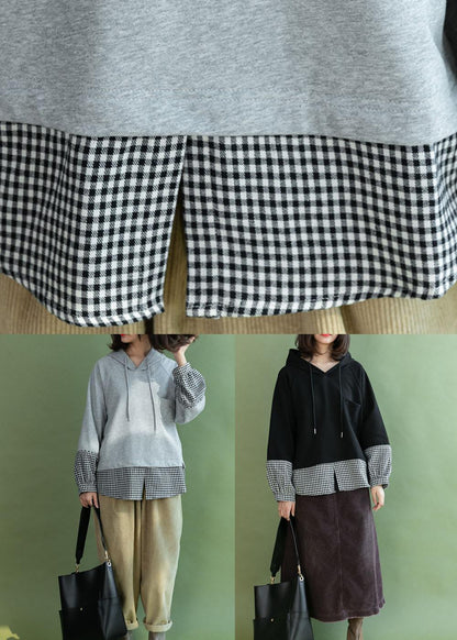 Grey Patchwork Plaid Hooded Fall Loose Loose Sweatshirt