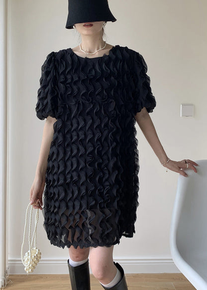 Art Black O-neck Ruffled Patchwork Tulle Mid Dresses Summer