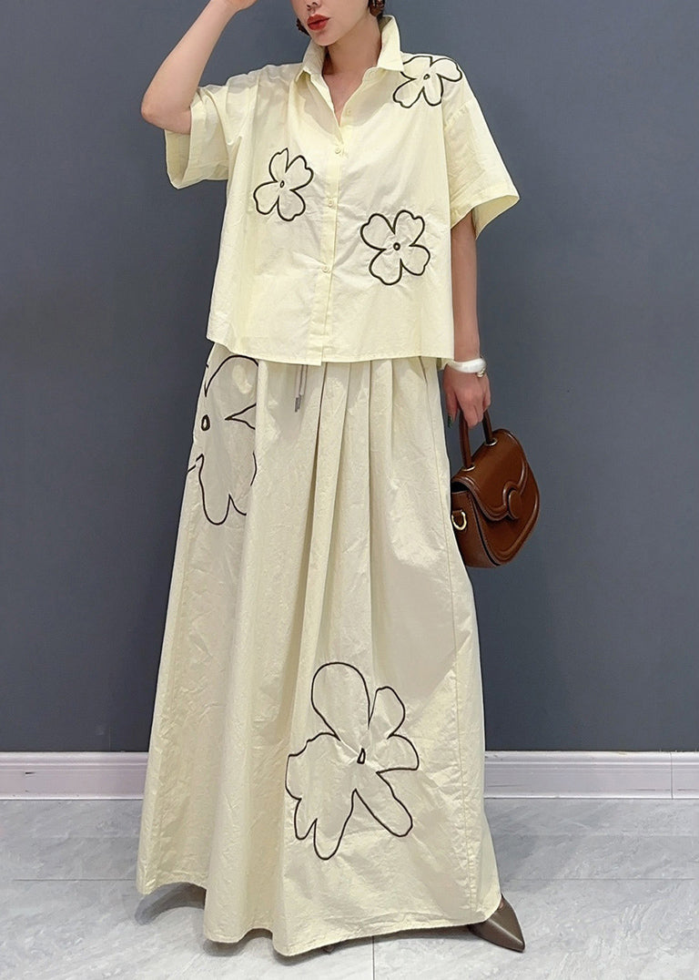 Apricot Peter Pan Collar Button Shirts and Maxi Skirts Two Piece Set Summer