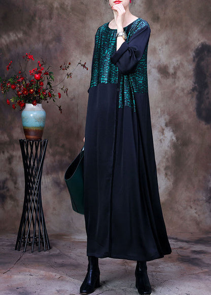 Stylish Green O-neck Asymmetrical Patchwork Curve Silk Long Dress Long Sleeve