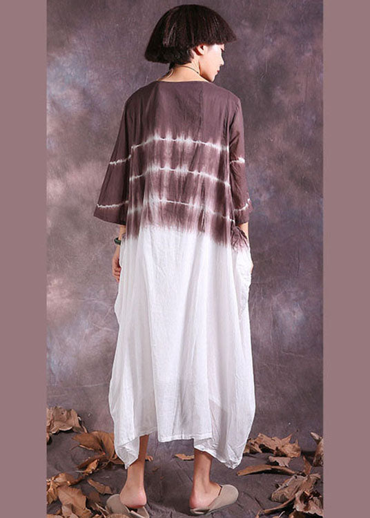 Chocolate Asymmetrical Gradient Color Cotton Long Dresses Three Quarter Sleeve