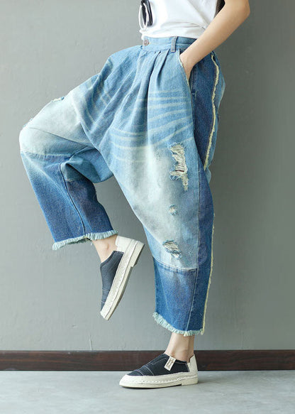 Denim Blue Elastic Waist Oversized Patchwork Cotton Harem Pants Ripped Jeans Spring