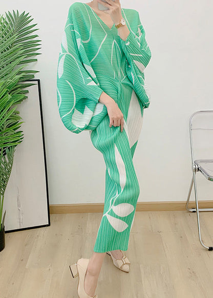 Light Green V Neck Print Wrinkled Vacation Dresses Long Sleeve
