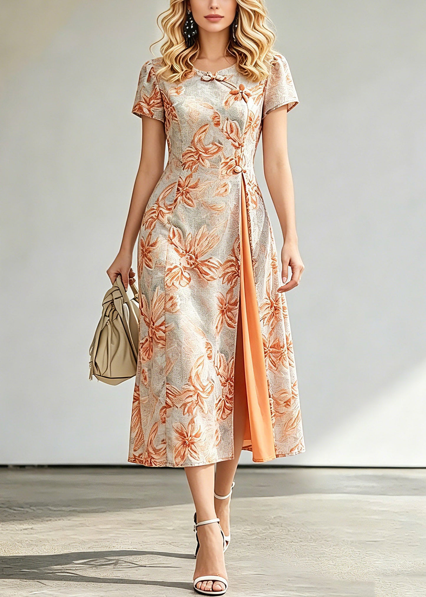 Jacquard Orange O-neck Asymmetrical Long Dresses Short Sleeve