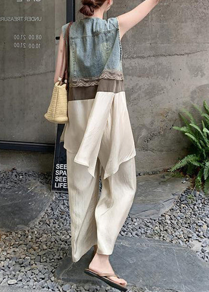 Stylish V Neck Denim Patchwork Cotton Two Pieces Set Summer