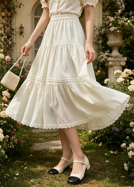 Apricot Lace Elastic Waist Patchwork Cotton Skirts Summer