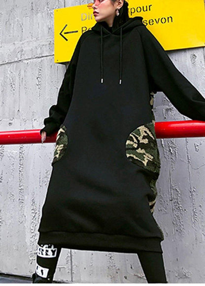 Classy Hooded Pockets Spring Clothes for Neckline Black Robe Dresses