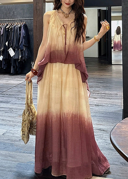 Purple V Neck Ruffled False Two Pieces Linen Silk Dress Summer