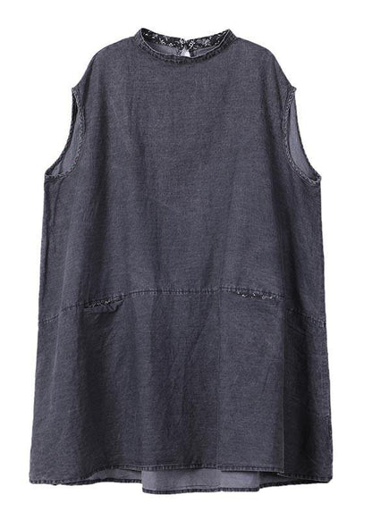 Grey Sleeveless Pockets Loose Vacation Summer Cotton Dress