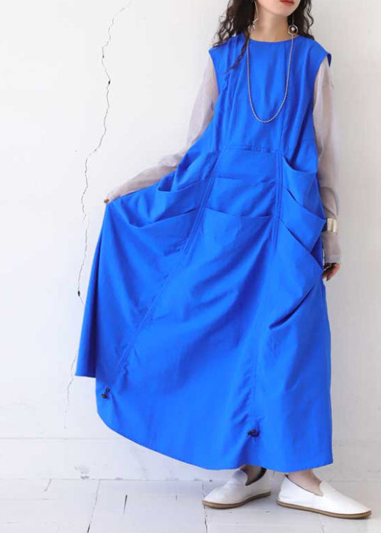 Blue Oversized Wrinkled Cotton Vacation Dresses Sleeveless Fall