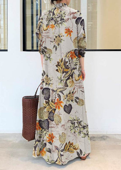 Orange Oversized Print Linen Holiday Dress Fall