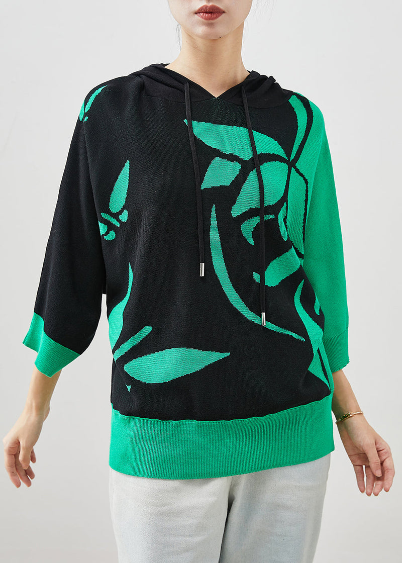 Colorblock Hooded Print Knit Pullover Sweatshirt Spring