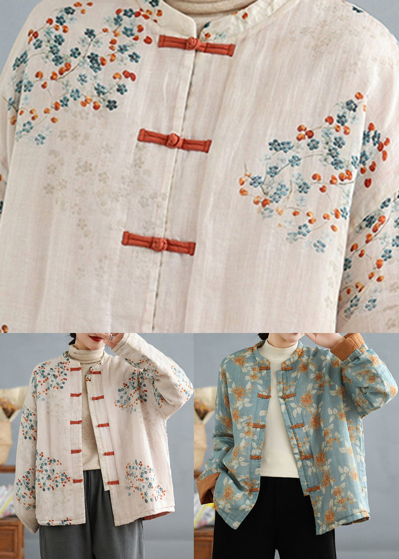 Light Blue Print Fine Cotton Filled Coats Stand Collar Spring