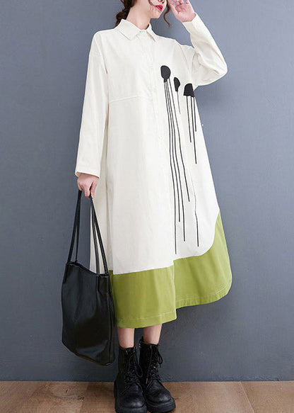 White Print Pocket Shirt Long Dresses Asymmetrical Design Long Sleeve