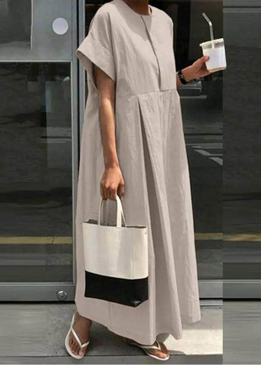 Light Grey O-neck Patchwork Robe Dresses Short Sleeve