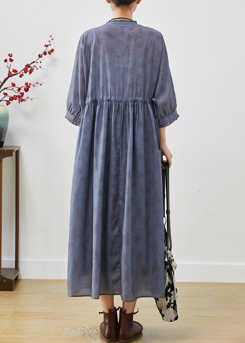 Blue Grey Cinched Print Linen Dress Bracelet Sleeve