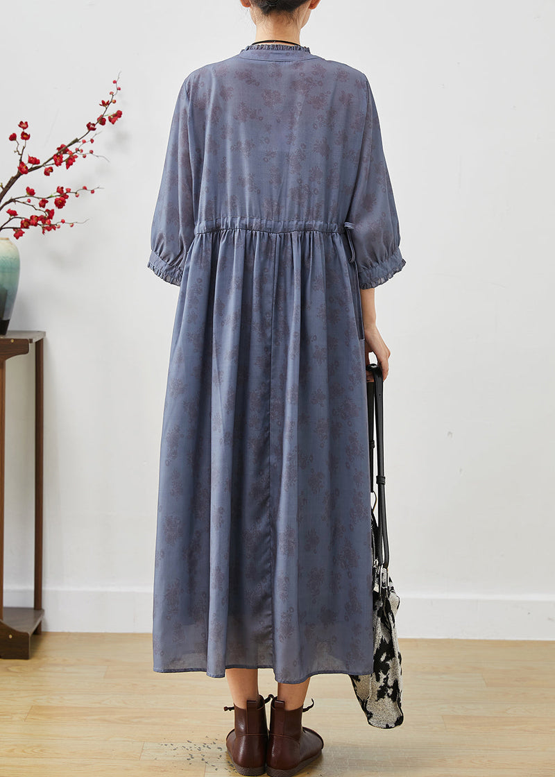 Blue Grey Cinched Print Linen Dress Bracelet Sleeve