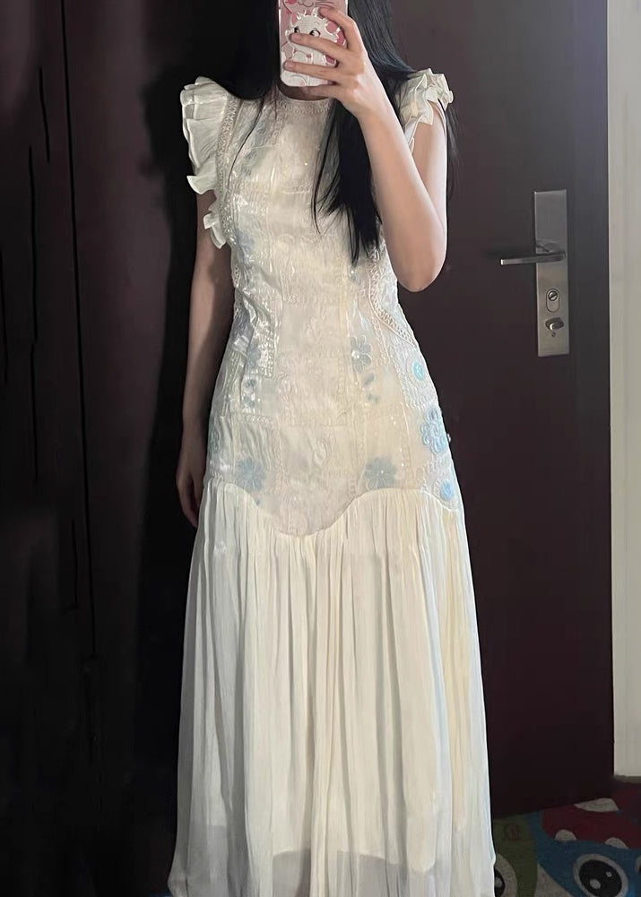 Apricot Embroidered Wrinkled Patchwork Long Dress Summer