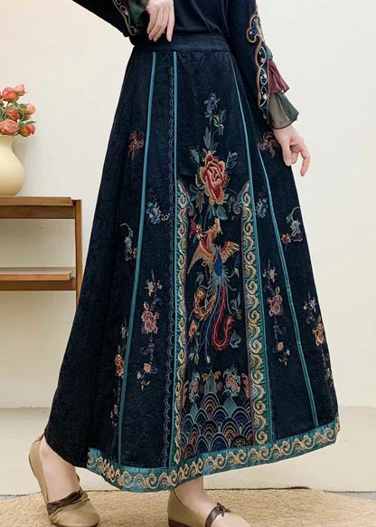 Navy Embroidered High Waist Cotton Skirt Fall
