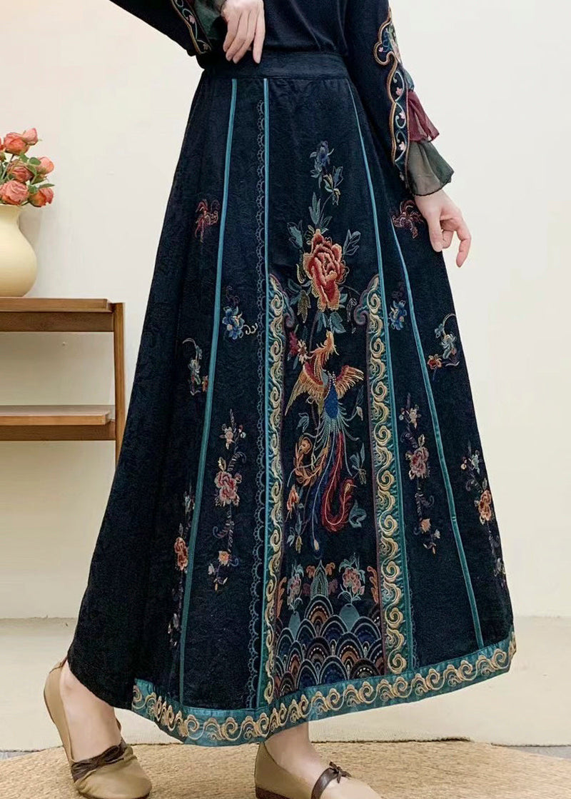 Navy Embroidered High Waist Cotton Skirt Fall