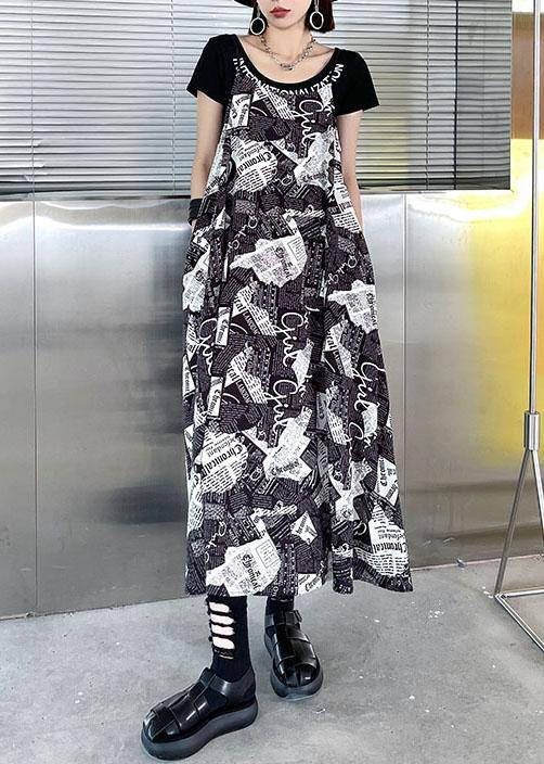 Black Cold Shoulder Print Side Open Cotton Sleeveless Summer Maxi Dress