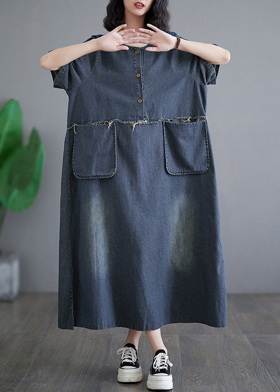 Denim Blue Patchwork Side Open Button Maxi Dresses Short Sleeve