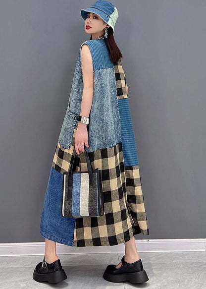 Blue V Neck Pockets Patchwork Plaid Cotton Denim Long Dresses Sleeveless