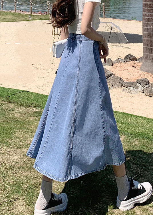 Classy Denim Light Blue High Waist Patchwork Button Cotton a Line Skirts Summer