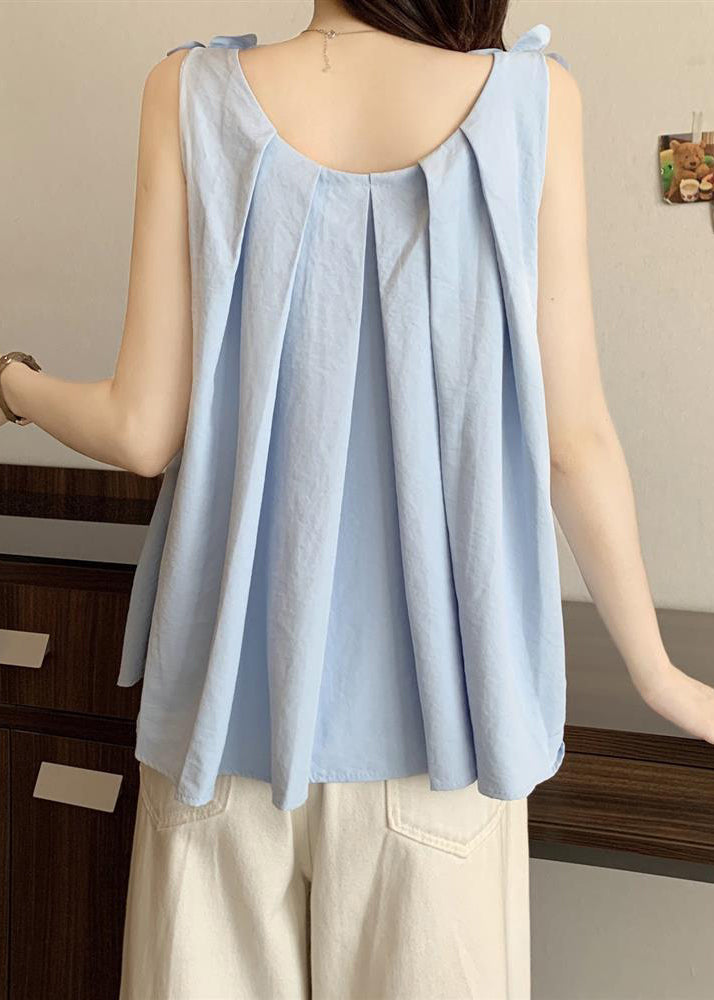 Blue Decorated Cotton Tanks Oversized Sleeveless