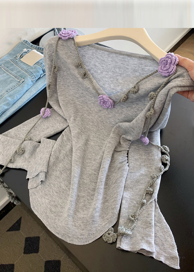 Novelty Grey V Neck Tie Lace Knit Tops Fall