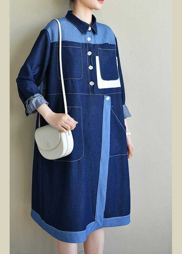 Diy Navy Long Sleeve Chiffon Dress Patchwork Mid Dress